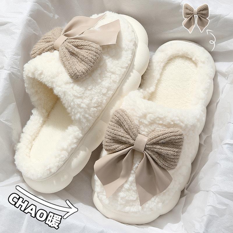 Cotton Slippers Bow Autumn and Winter Thick-soled Non-slip Indoor Lightweight Plush Warm Wool Shoes