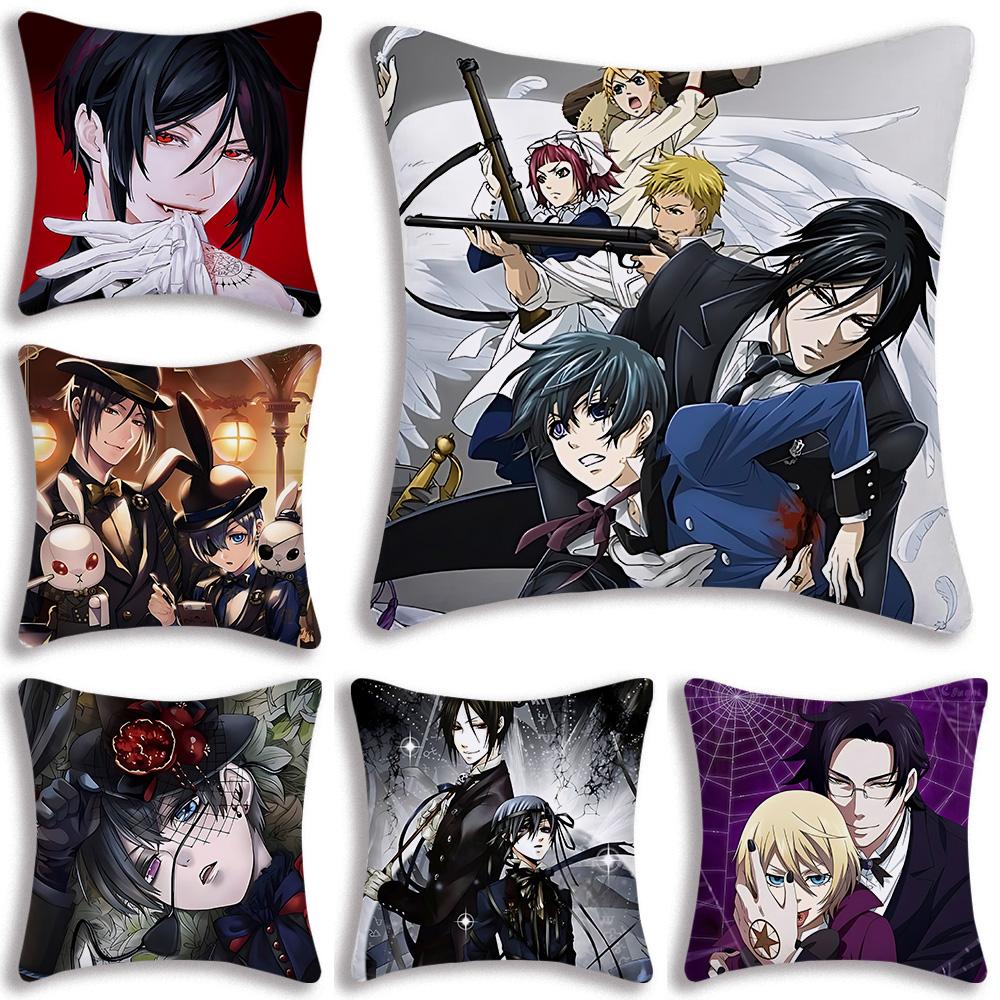 Tonnika Chen Unisex Black Anime Manga Butler Pillow Covers Cartoon Sofa Decorative Home Double-Sided Printing Short Plush Cute Cushion Cover