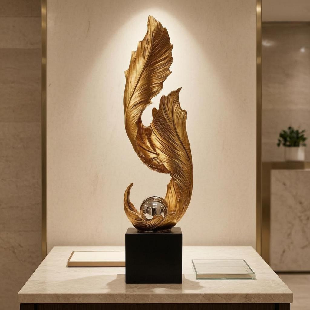 Golden Plume Statue Layered Floor decor Standing Ornament Slender Feather