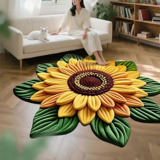 Yousheng 3D Sunflower Floral Plush Rug Non-Slip Backing Easy To Clean Various Sizes Living Room Rug Home Decor