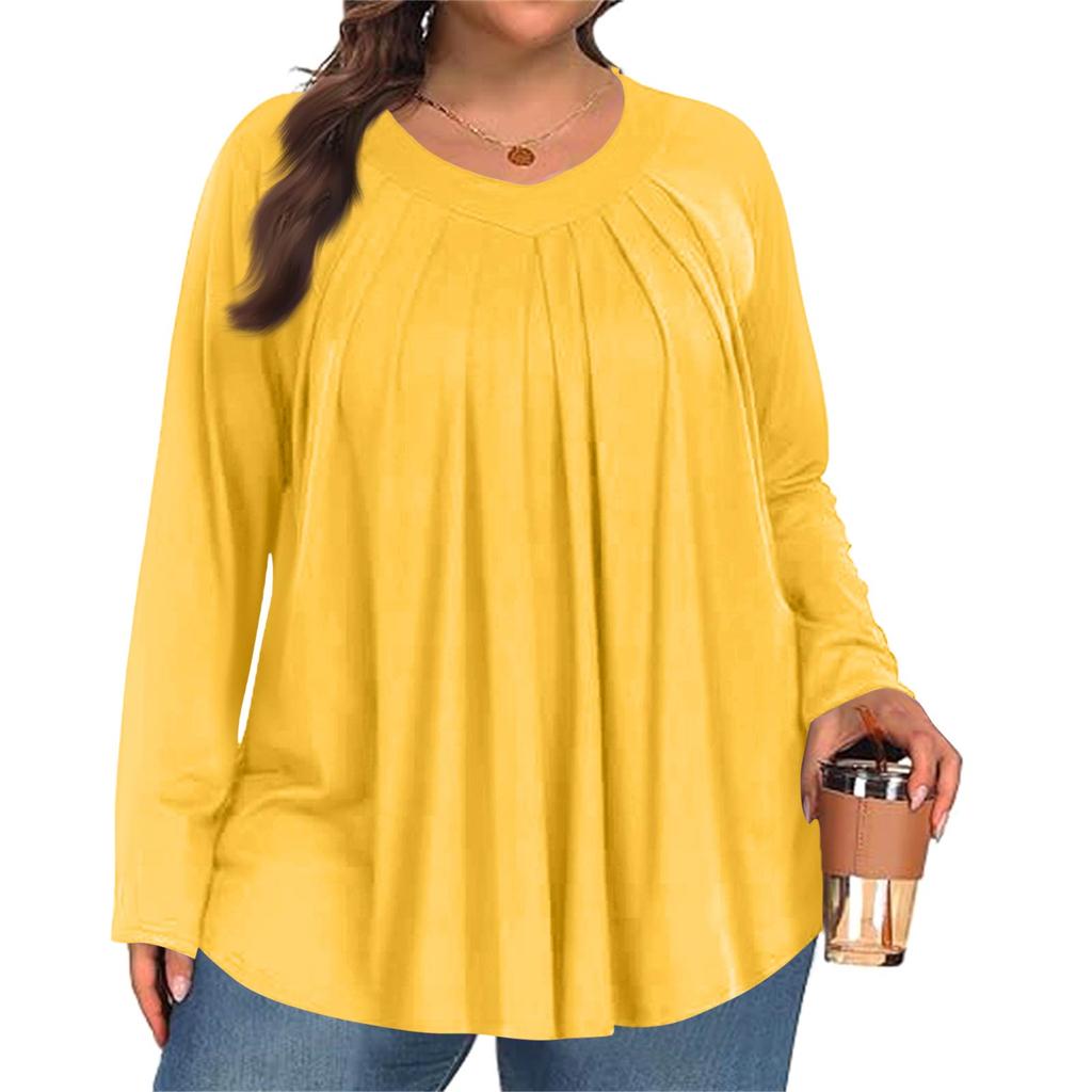Women's Plus Size Fashion Solid Colour Casual Pleated Round Neck Long Sleeve Top