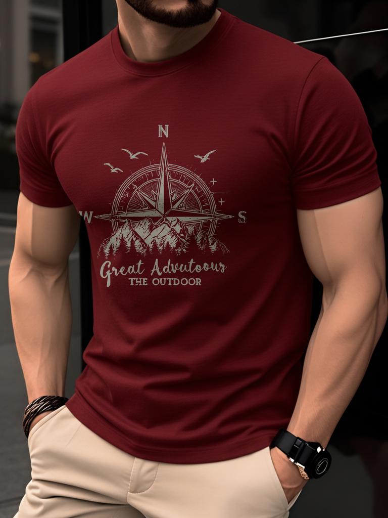 Summer Unisexs 100 Pure Cotton Casual Fashionable Loose Retro Compass Mountain Pattern Printed Round Neck Short Sleeved Tshirt