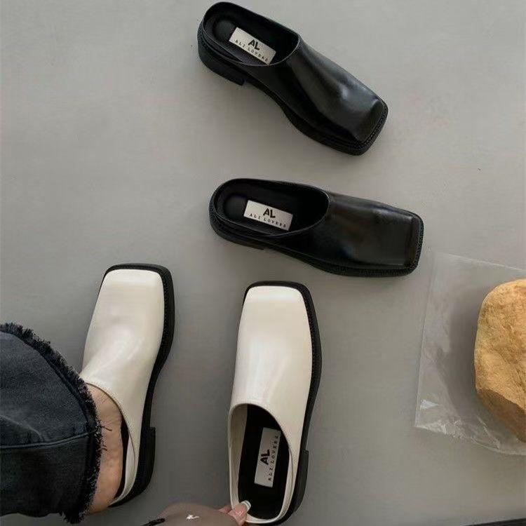 One-pedal Single Thick Heel Muller Bag Head Half Slippers 2025 French British Square Head Thick Heel Without Heel Small Leather Shoes Women