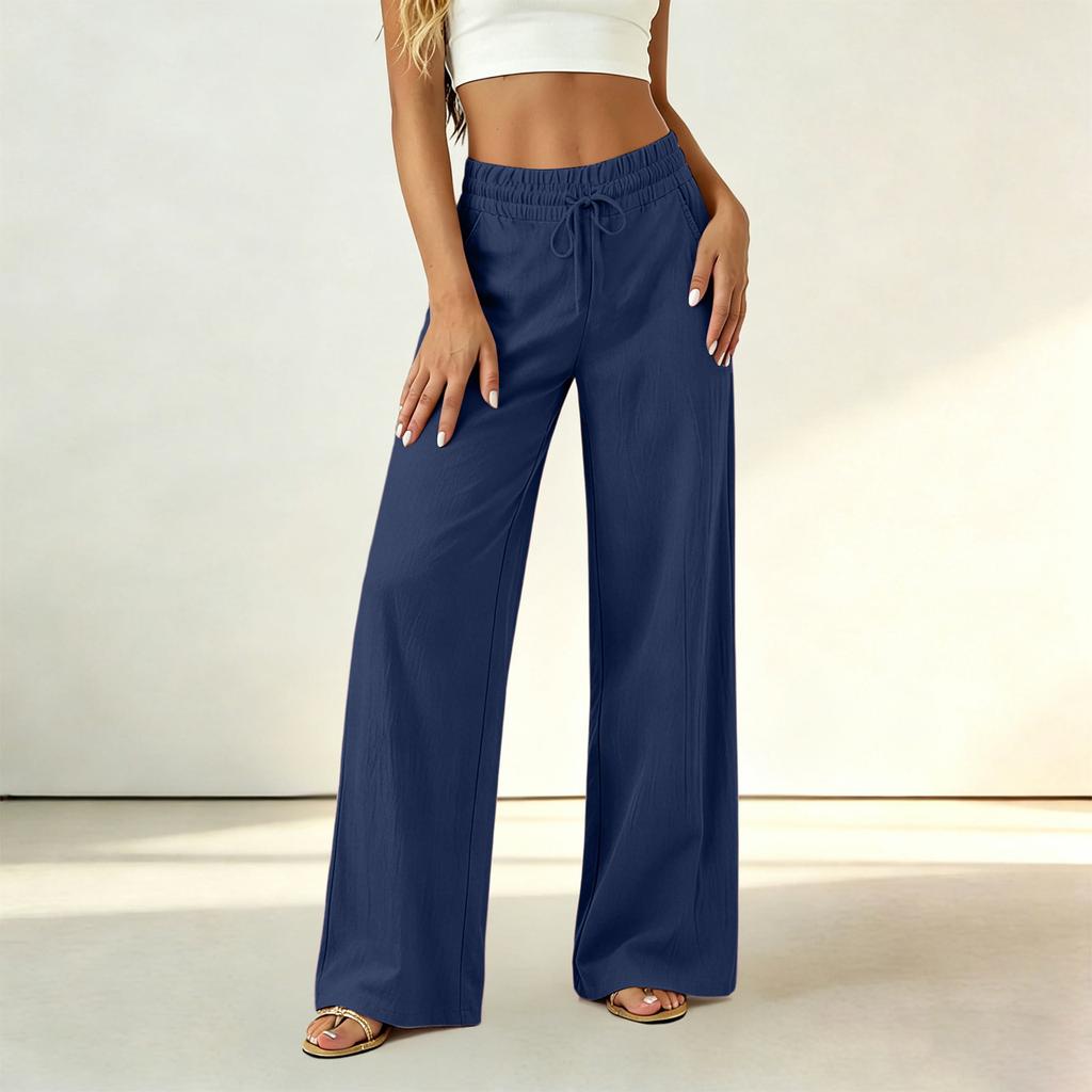 Women High Waist Loose Fit Trousers Drawstring Wide Leg Pants Elastic Waistband Casual Office Style Lightweight Fabric