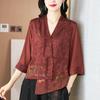 2024 Spring Women's Embroidered Buttoned Top - Irregular Design, Three-Quarter Sleeves