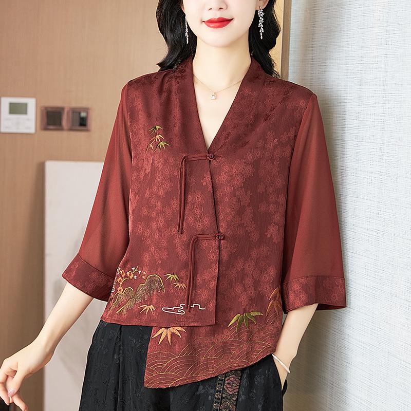 2024 Spring Women's Embroidered Buttoned Top - Irregular Design, Three-Quarter Sleeves