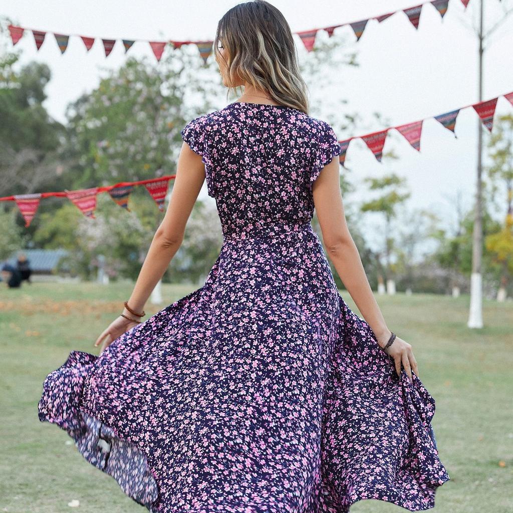 New V-neck Bohemian Vacation Style Slim Fit Tied Dress