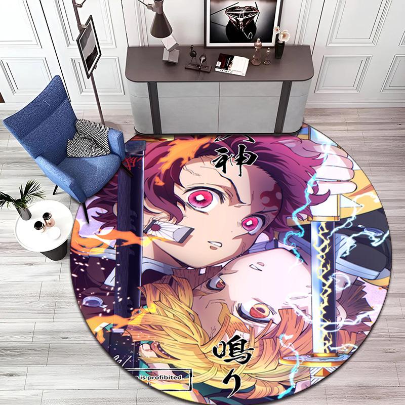 Classic Japanese-style Cartoon Demon Slayer Round Rug, Home Soft Decorative Anti-slip Yoga Mat and Chair Mat, Outdoor Floor Mat Carpet K10
