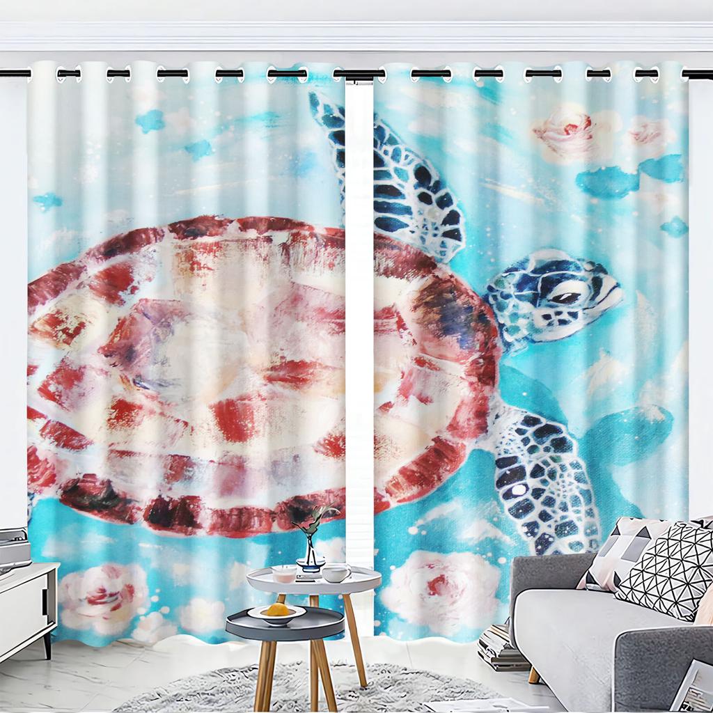 Cartoon Sea Turtles Curtain Sets, Window Decoration, 100% Polyester Shade, Bedroom, Living Room