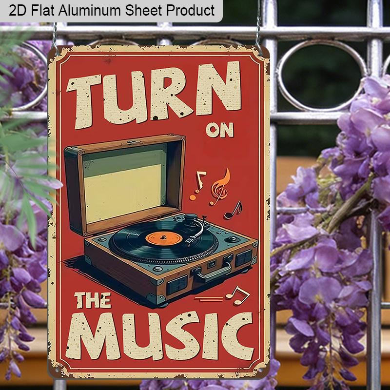 2D Flat 1pc Vintage Music Inspired Aluminium Wall Art Sign Turn on The Music 8x12 Inch Aluminium Rustic Home Bar Decor Music Studio Wall