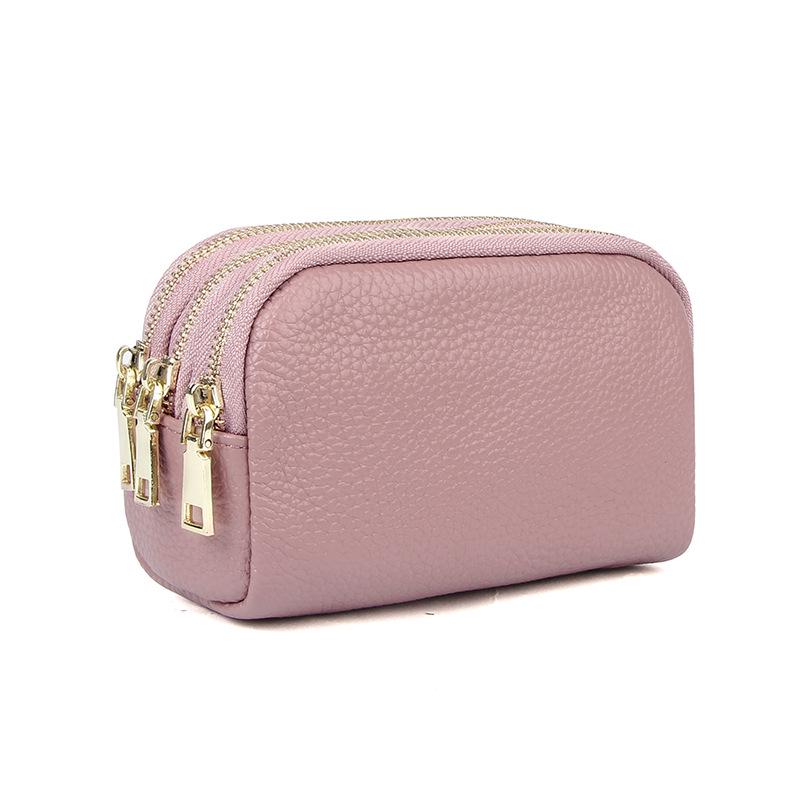 Women's Genuine Leather Three-Zipper Coin and Key Clutch