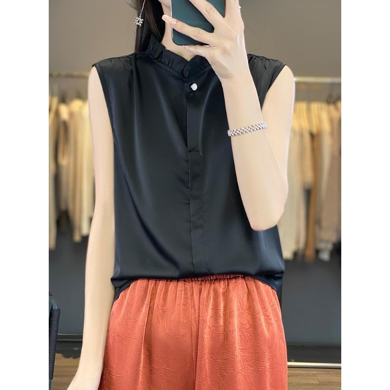 

VEZFAA Женская мода повседневная летняя весна однотонные принтованные блузки и рубашки без рукавов со стоячим воротником XXXL чёрный