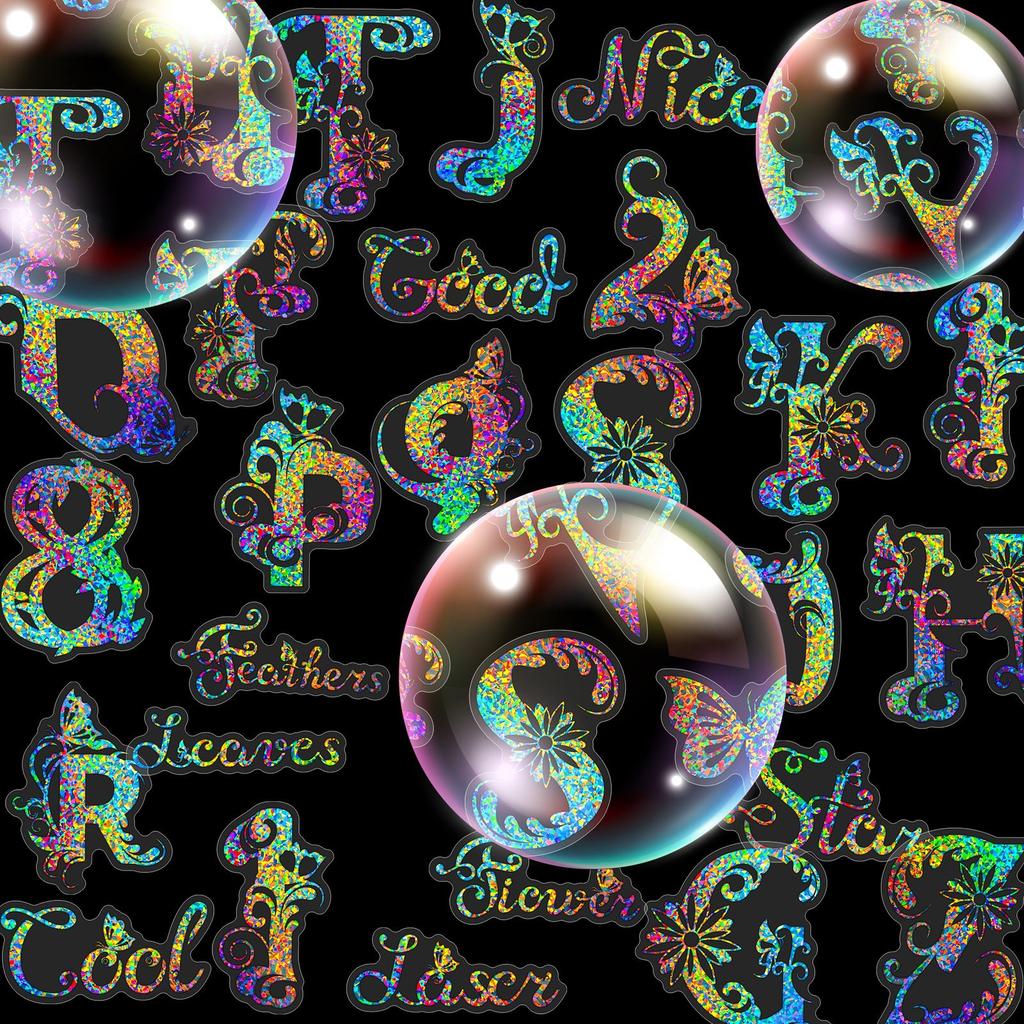 50 Silver Laser Digital Letter Stickers Hand Note Gu Card Stream PET Three-dimensional Laser Silver Colorful Stickers