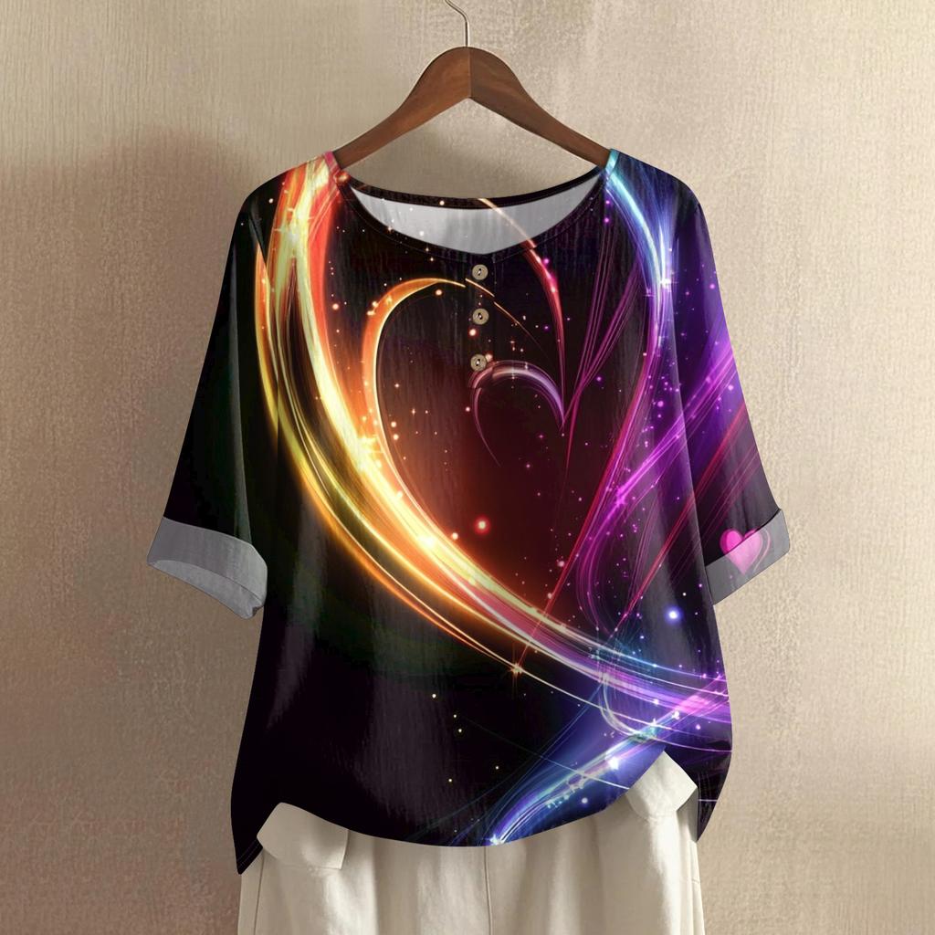 Damska casualowa i wygodna bawełniano-lniana bluzka z okrągłym dekoltem, średniej długości, z modnym nadrukiem