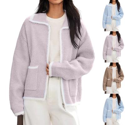 Cardigan Largo de Punto con Cremallera y Bolsillos para Mujer, Casual, Color Contrastante, Manga Larga, Imitación de Visón