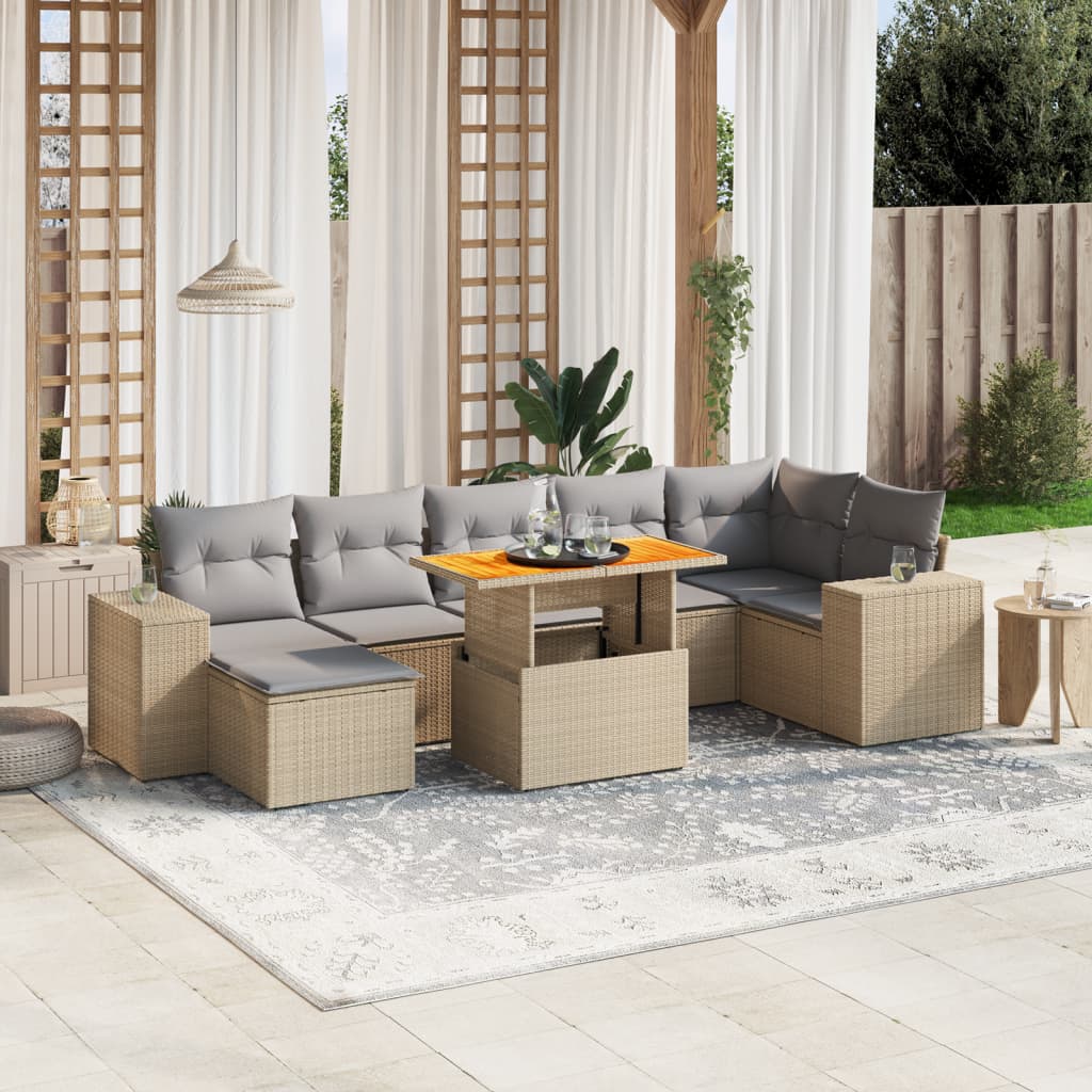 8 Piece Garden Sofa Set with Cushions Beige Poly Rattan