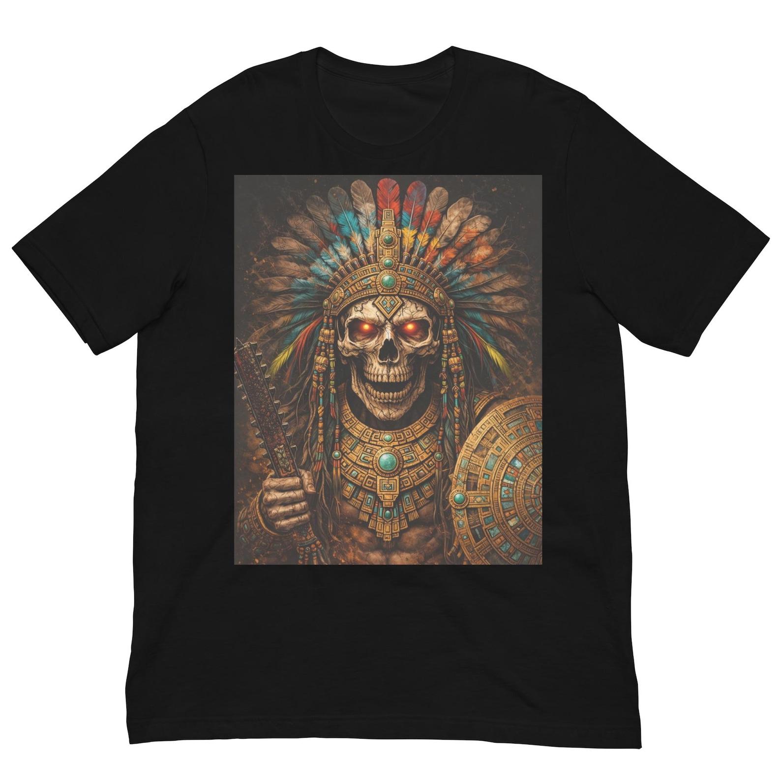 Aztec Skull Warrior Shirt, Ancient Tribal Skeleton Tee, Mesoamerican Death God Design, Dark Mythology Graphic T-Shirt XL