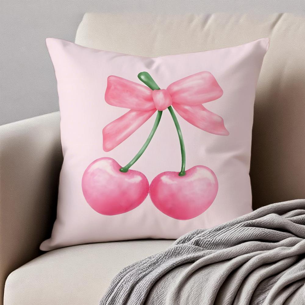 Pink bow cherry Cushion Cover Pillowcase Antidustmite Invisible Zipper Short Plush Sofa Cushion