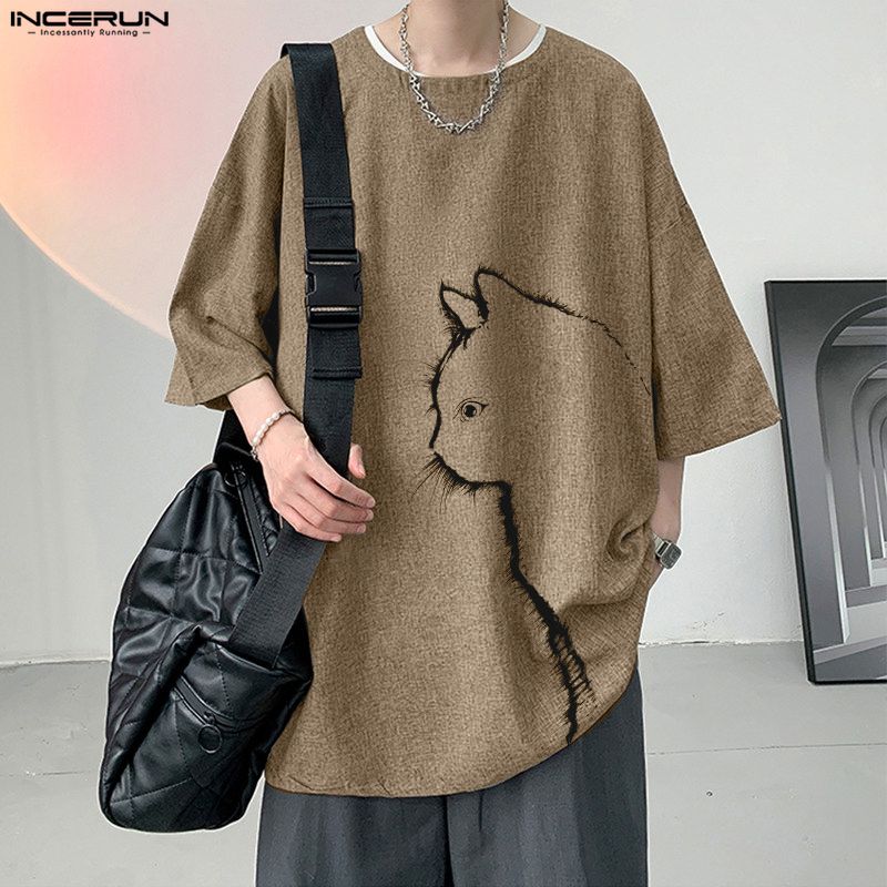 INCERUN Men Oversized O Neck Short Sleeve Print Casual Loose Fit T-shirts Tops College Style