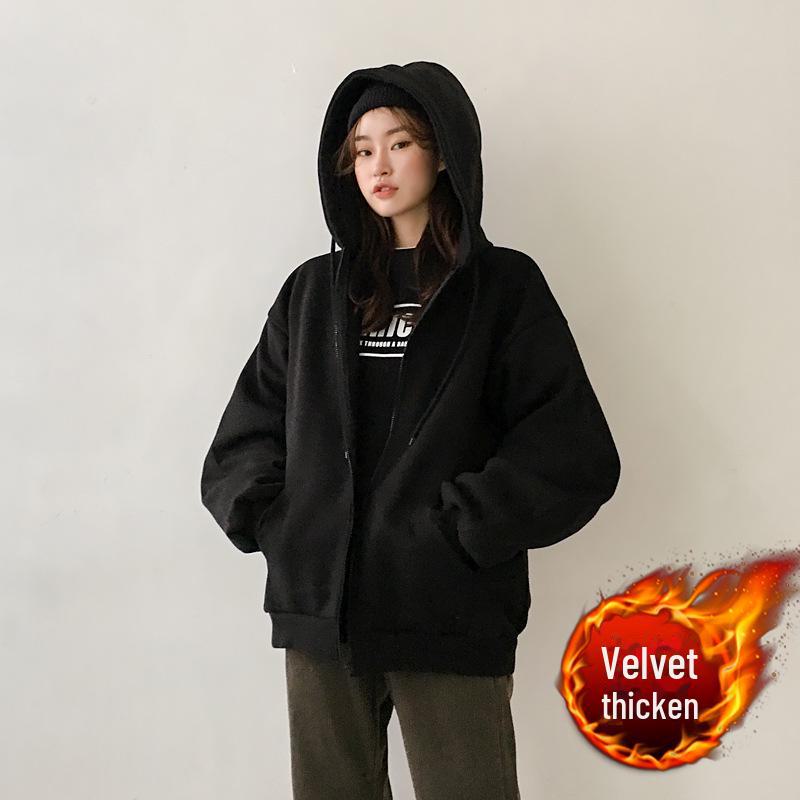 Cardigan cu glugă supradimensionat de damă toamnă/iarnă, stil retro coreean, cu fermoar