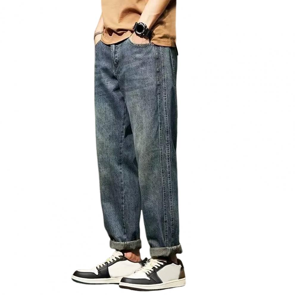 Men Jeans Gradient Color Loose Fit Denim Pants with Multi Pockets Button Zipper Fly Harem Pants Streetwear