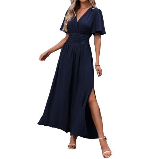 Women s Summer V Neck Sleeve Flowy A-line Maxi Dress Short Slit Long Dress S темно-синий