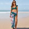 Women Two Piece Bikini Set with Ruched Top and High Waist Bottom with Sheer Floral Sarong Wrap Cover Up