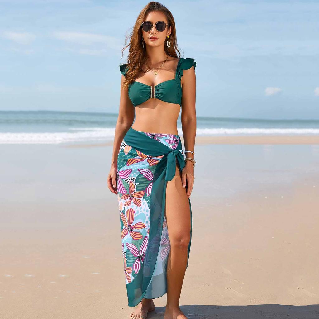 Women Two Piece Bikini Set with Ruched Top and High Waist Bottom with Sheer Floral Sarong Wrap Cover Up