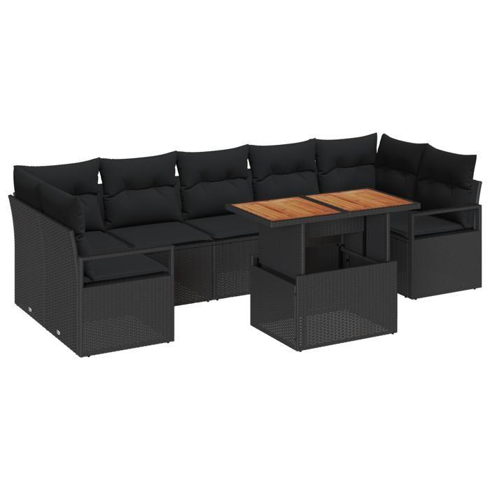 Ensemble de sofa de jardin de 8 pièces avec coussins en poly rattan noir acacia, Sofa de jardin de 2 places avec coussins en 3349680