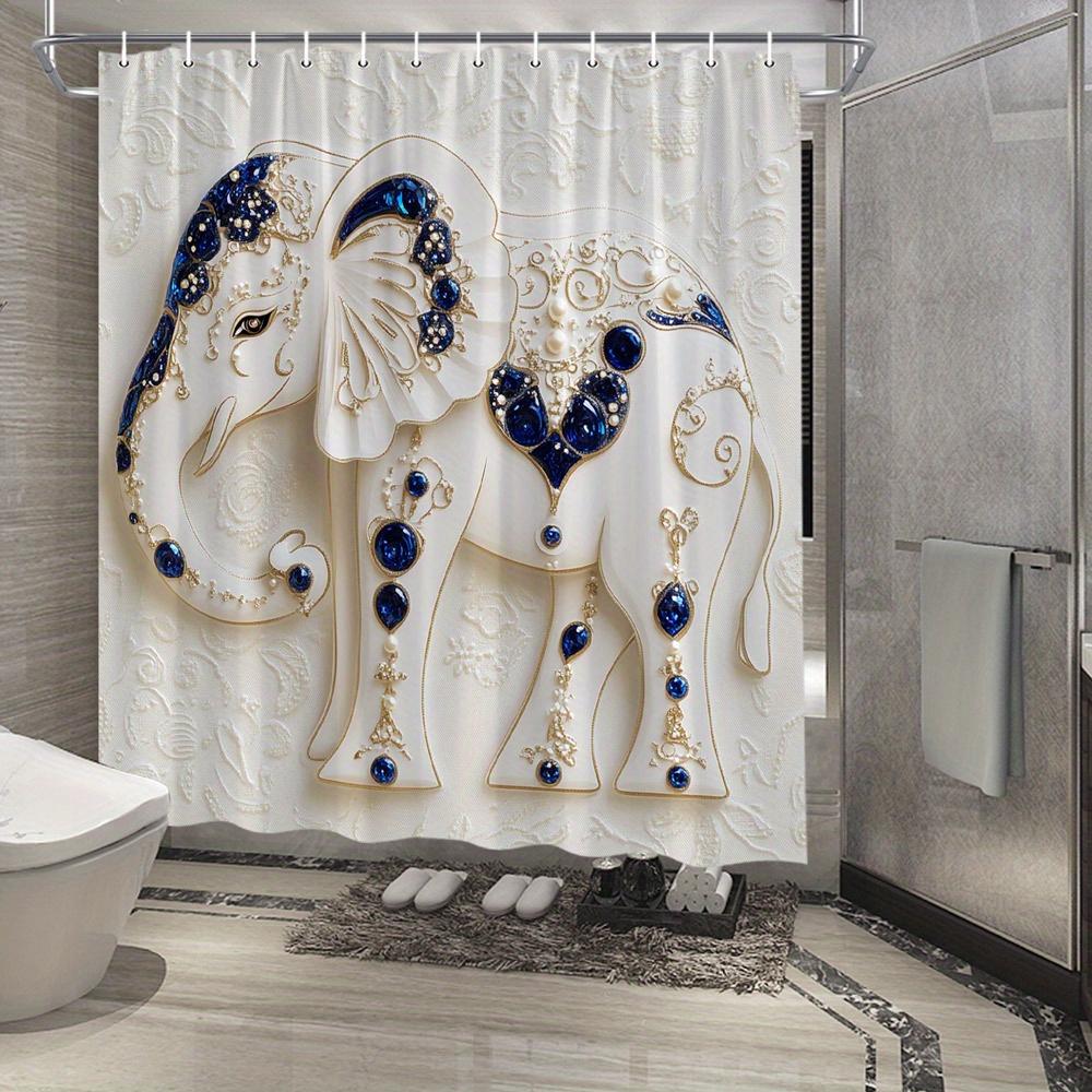 Ornate Elephant Shower Curtain, Golden & Blue Patterns On White Polyester,12 Hooks, Baroque Victorian Bath Decor