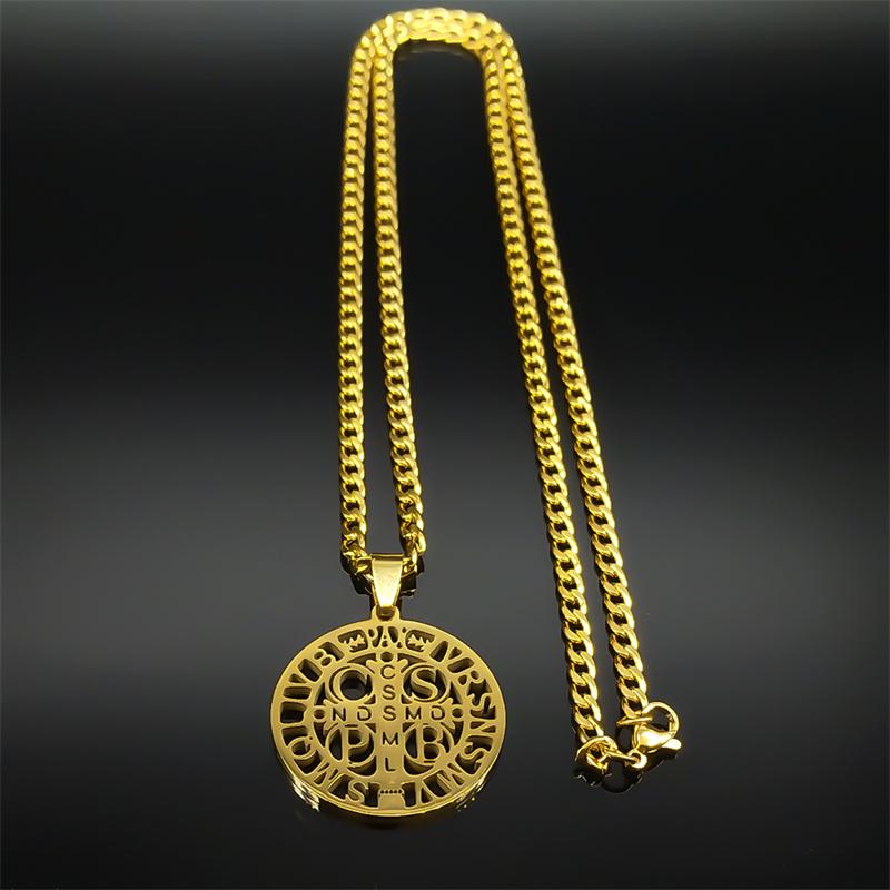 Saint Benedict Cspb Medal Pendant Necklace for Women/Men Stainless Steel Gold Color Jesus Cross Chain Jewelry collar N7437S02