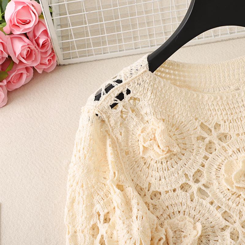 Plus Size Red Crochet Knit Sweater with 3D Floral Design for Women