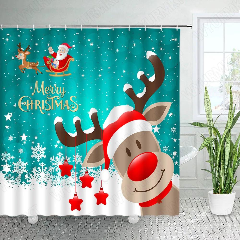Cartoon Christmas Shower Curtains Funny Reindeer Santa Clause Snowflake Star Red New Year Xmas Fabric Home Bathroom Decor Sets