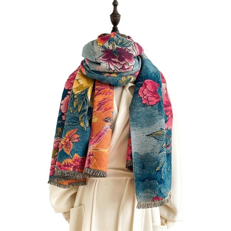 Winter oil painting style scarf women's plate four shuttle imitation cashmere shawl thickened warm fringed scarf