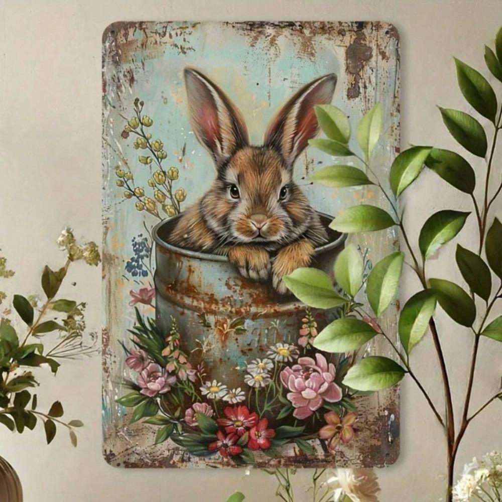 Cottagecore Metal Wall Art Cute Rabbit in Bucket with Flowers Home Decor