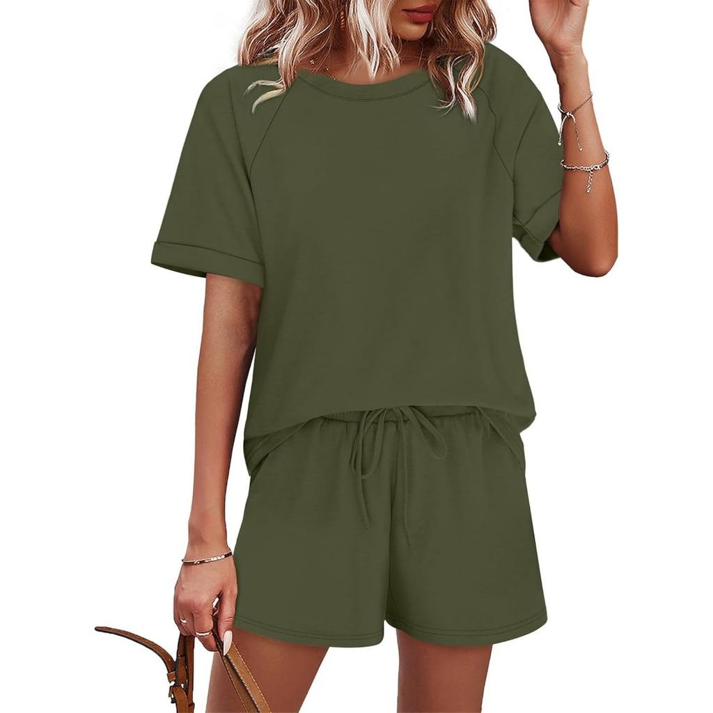 Women's Casual Pullover Top and Shorts Set Loose Fit Solid Color Two Piece Outfit Soft Fabric Lightweight Summer Loungewear