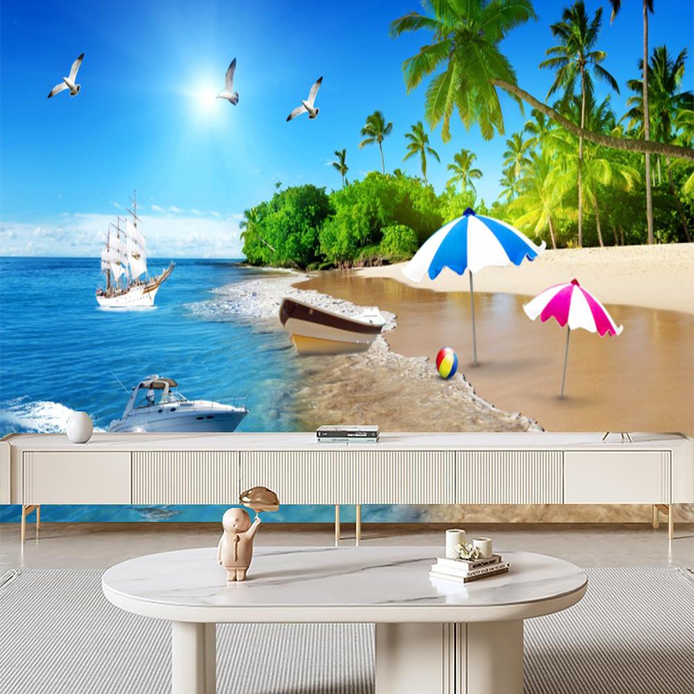 Tapeta Modrá obloha pláž Ostrov Plachetnice Nástěnná malba Ložnice Obývací pokoj Plážové nástěnné malby Domácí dekorace
