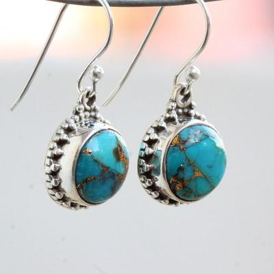 Blue Copper Turquoise Round Gemstone Handmade Designer Statement Earring Jewelry Gift For Her Birthday Gifts