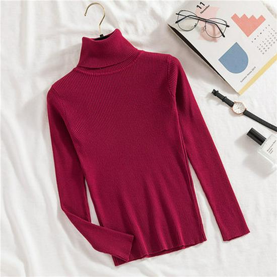 2025 Autumn/Winter Women's High Neck Pullover Sweater, Long Sleeve, Slim Fit, Solid Color Knitwear