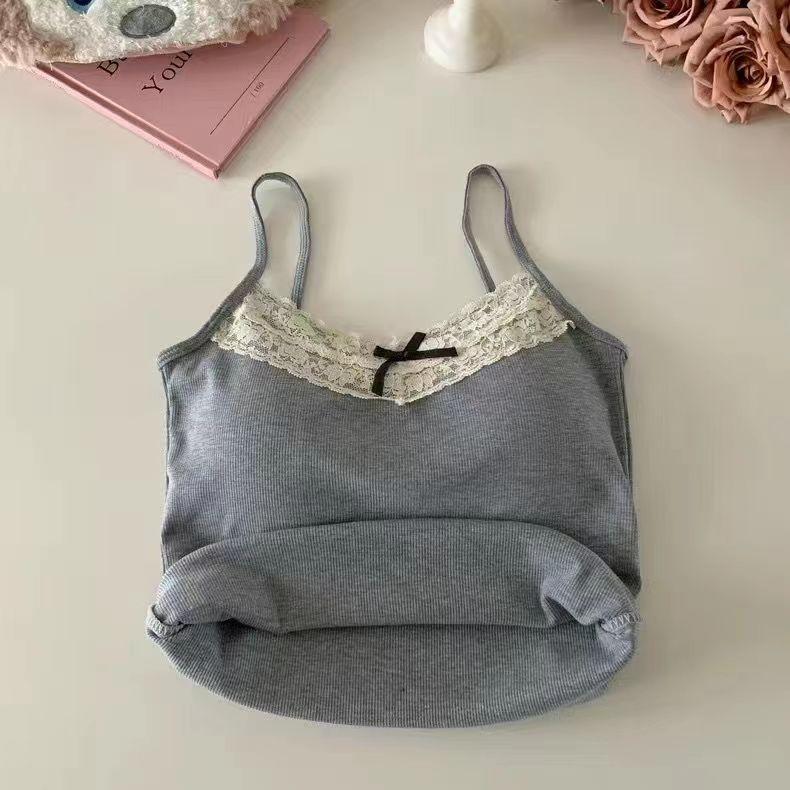 Women Camisole Tank Tops Sexy Bow Sleeveless Corset with Chest Pad Sweet Lace Patchwork Crop Tops Summer Slim Elegant Camis