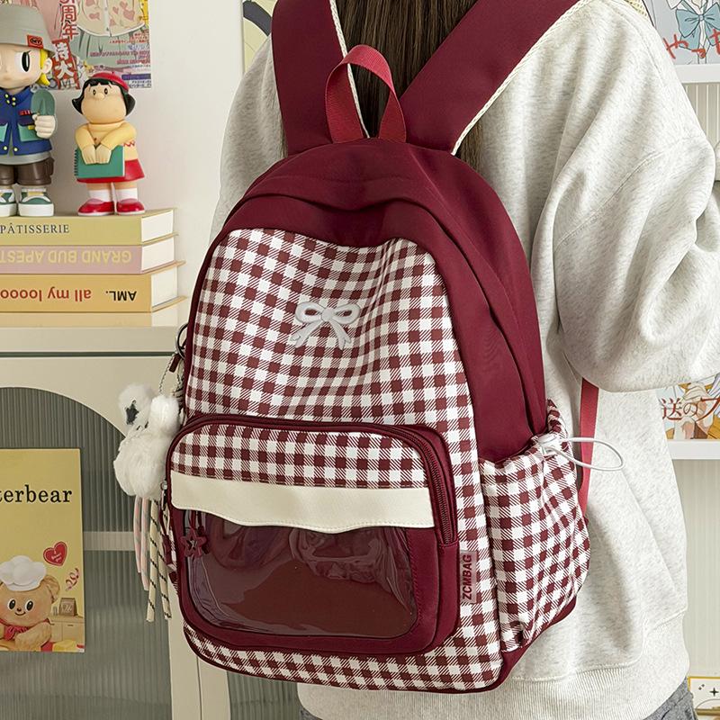 Schoolbag Japanese new high-value fresh and sweet plaid backpack, junior high school student schoolbag for women, lightweight and large-capacity