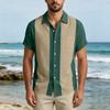 Men Short Sleeve Casual Button Down Shirt Relaxed Fit Lightweight Fabric Vertical Stripe Pattern Lapel Collar Pocket Design