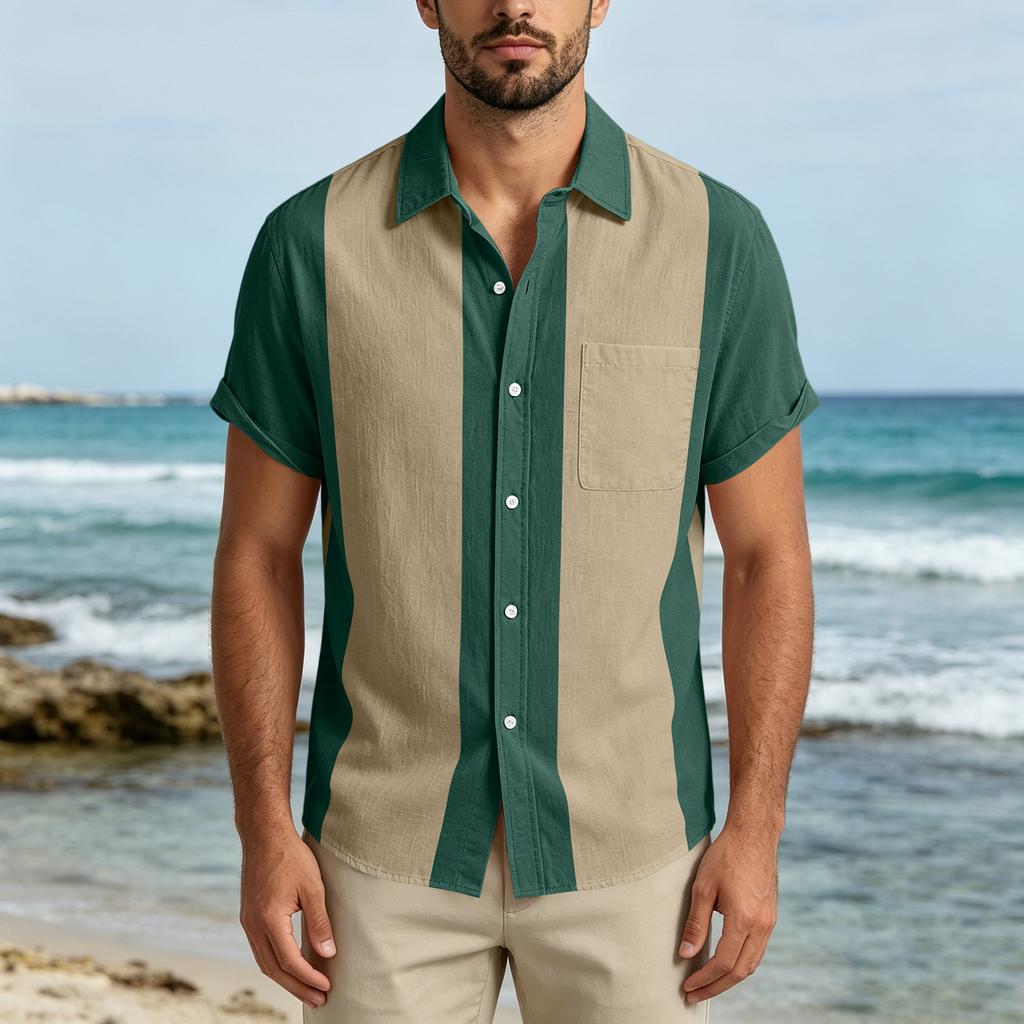 Men Short Sleeve Casual Button Down Shirt Relaxed Fit Lightweight Fabric Vertical Stripe Pattern Lapel Collar Pocket Design