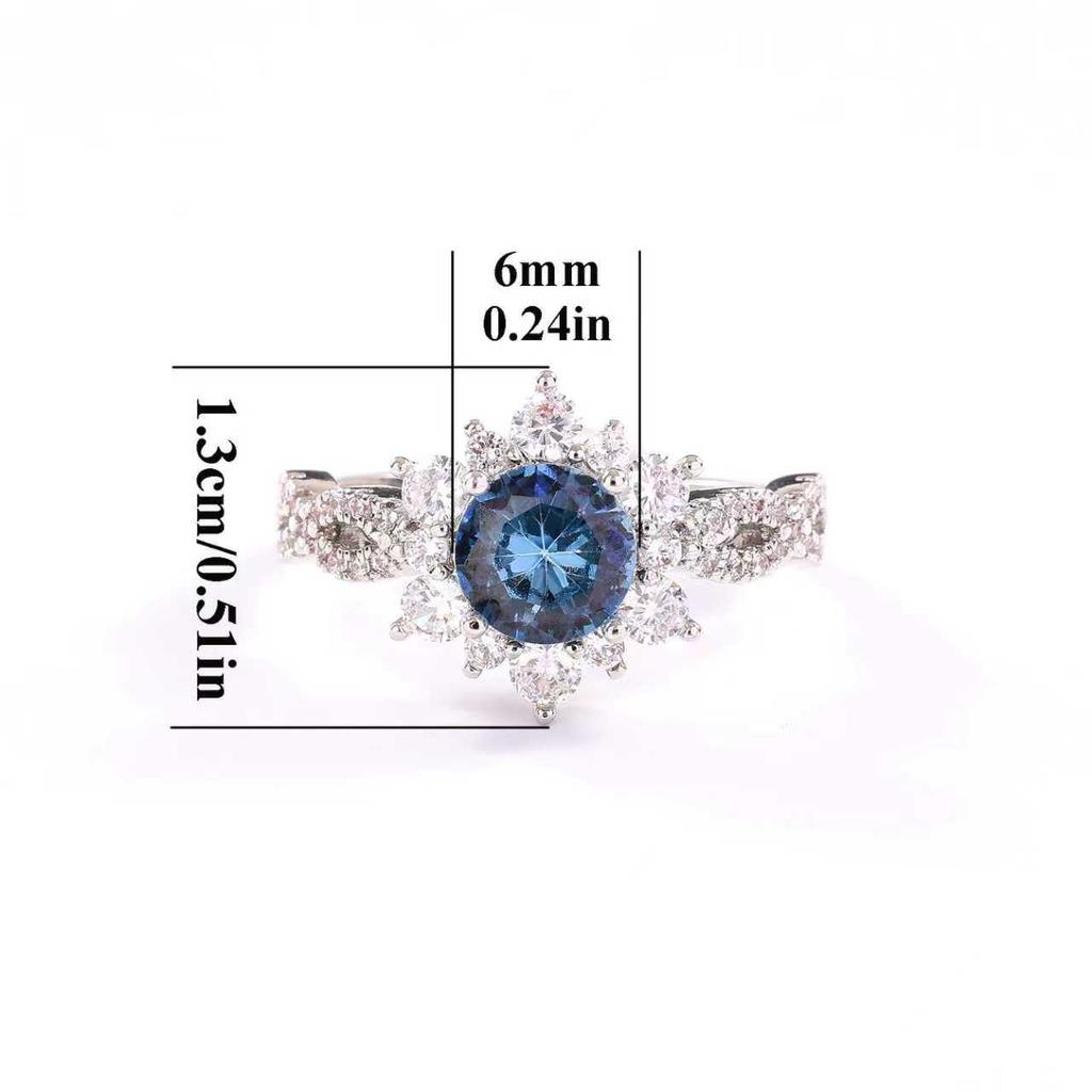 Vintage Inspired Blue Sapphire Halo Ring | Paved Cubic Zirconia CopperBand | Promise Engagement Jewelry Gift for Her