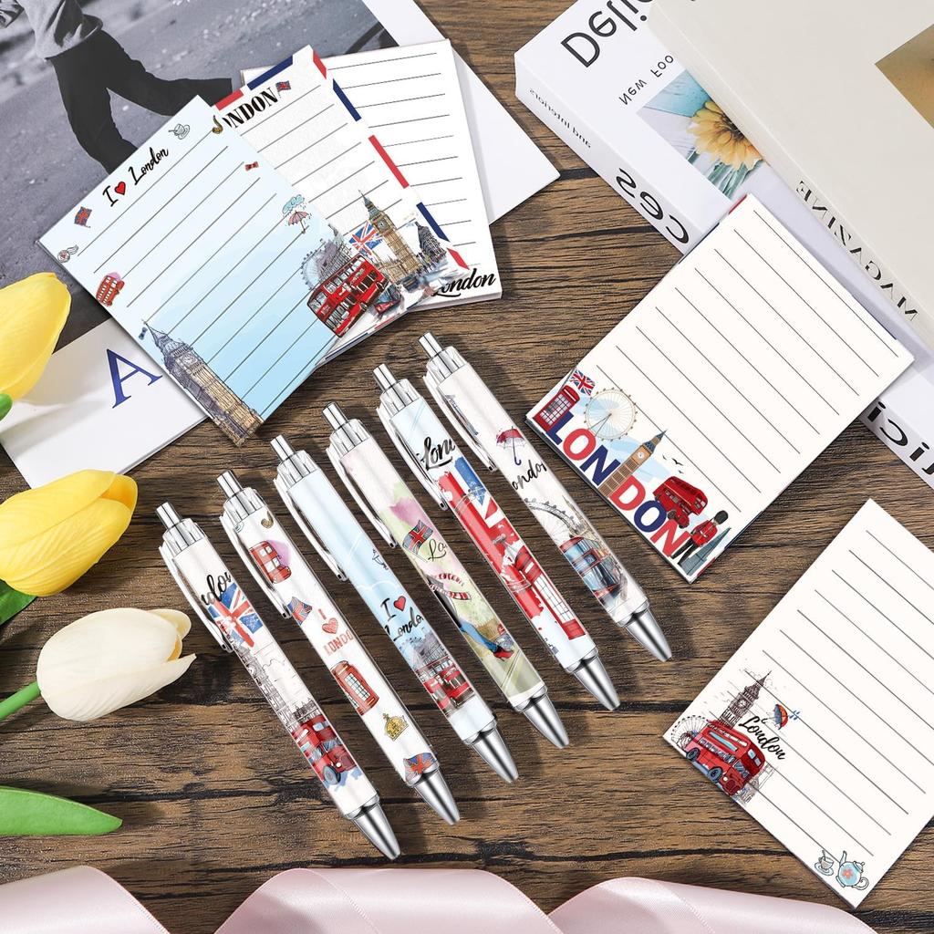 Wxiben London Sticky Notes with Pens - 24 Pcs London Travel Notepads England Ballpoint Pens Bulk British Flag Notes Black Ink Pen Souvenir Gifts for