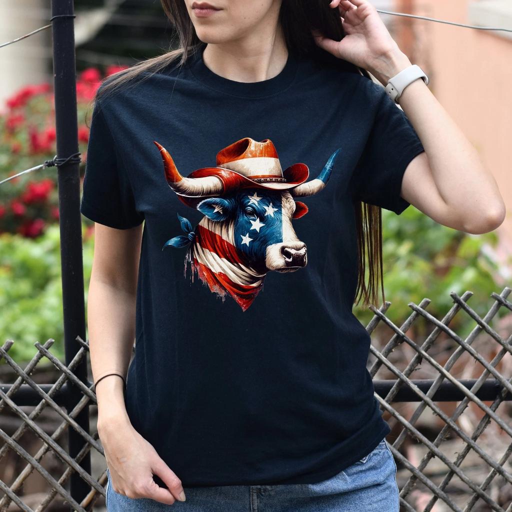 Colorful American flag Bull Unisex Tshirt Texas support tee Black Navy Dark Heat