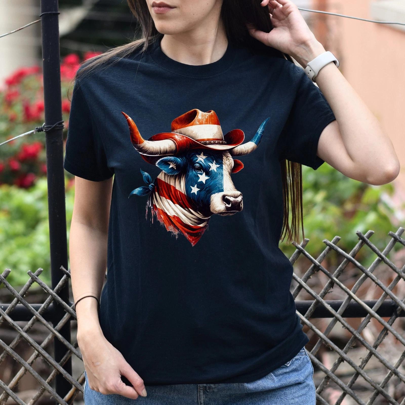 Colorful American flag Bull Unisex Tshirt Texas support tee Black Navy Dark Heat XL