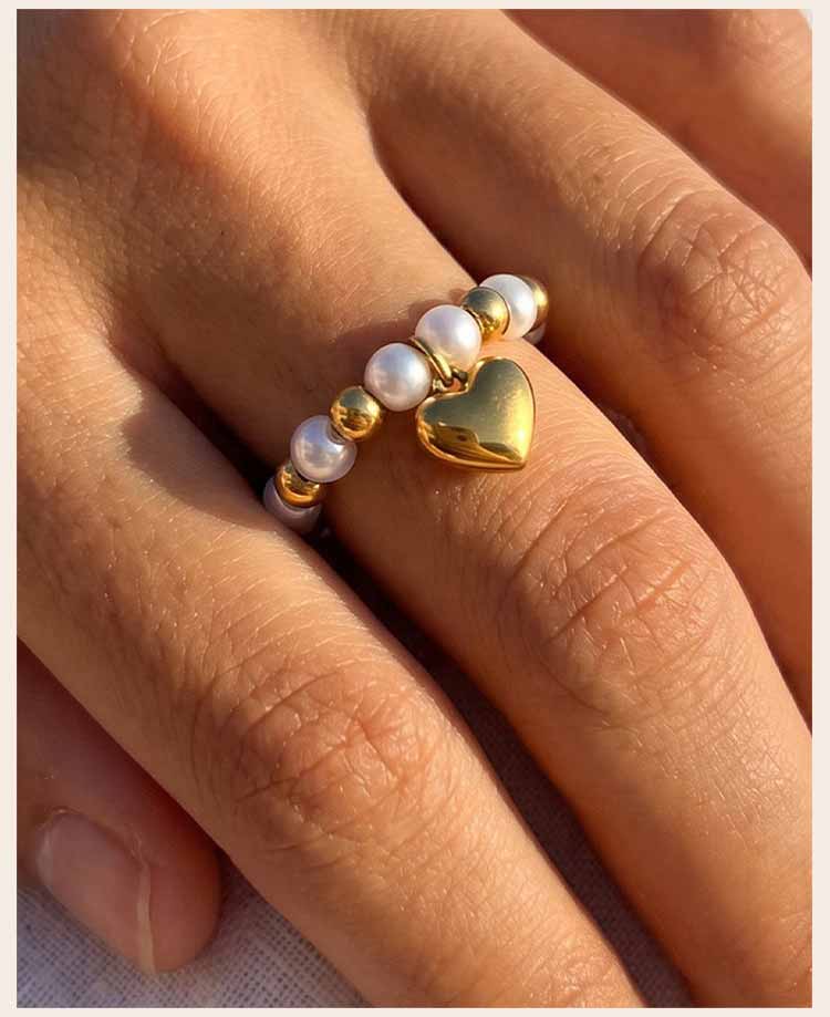 Two-Tone Pearl Ring Heart Charm Elastic Band, 18K Gold Plated Stainless Steel Satellite Bead, Stretchy Y2K Jewelry