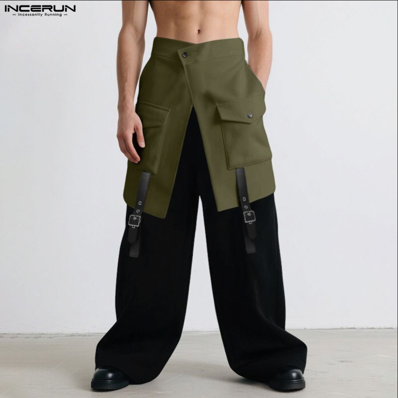 INCERUN Men High Wrap Waist Patchwork Zip-up Casual Loose Long Wide Legs Pants Trousers