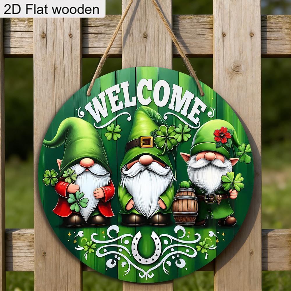 2D Flat, 1pc St. Patrick's Day Welcome Sign, Green Clover Gnome Wooden Ornament, Perfect for Patio Wall Front Door and Hallway Hanging Decoration